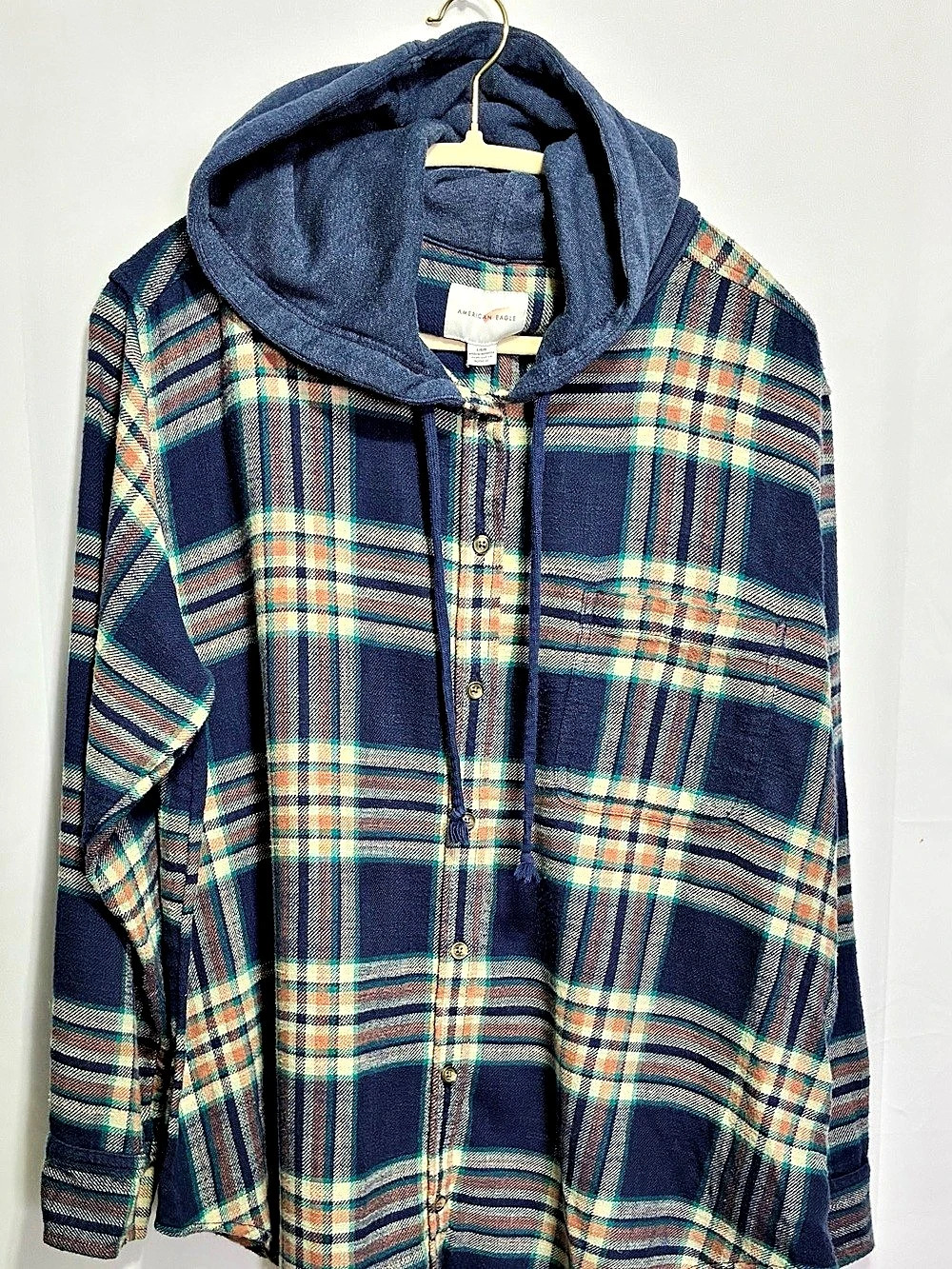 American Eagle Men’s Large Plaid Hooded Flannel Shirt Jacket Navy Green
